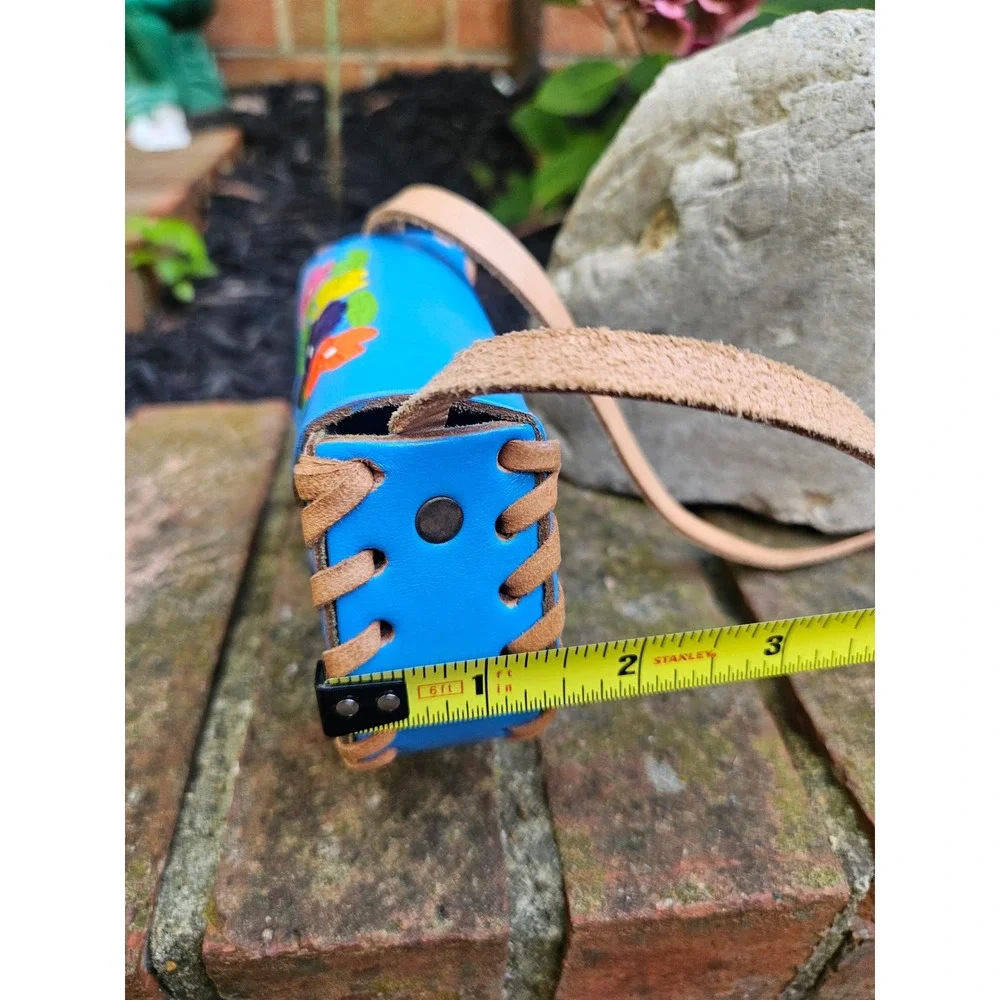 Beautiful Hand Tooled Floral Blue Leather  Mini Crossbody Childrens Satchel